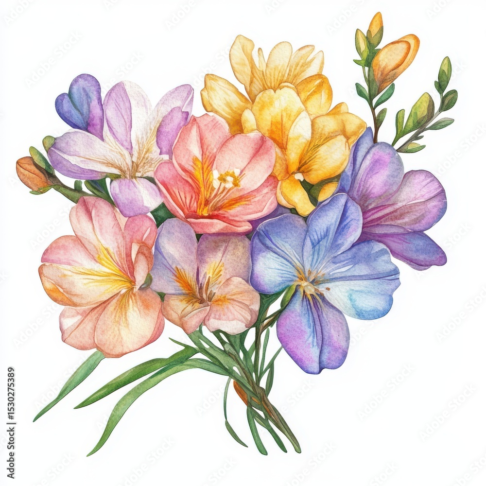 Fototapeta premium Vibrant Watercolor Painting of a Freesia Bouquet