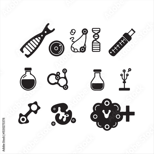 a set of monochrome icons, utilizing a classic black and white modern flat design.  The icons should accurately represent biotechnology and genomics, specifically CRISPR tools, DNA sequencing