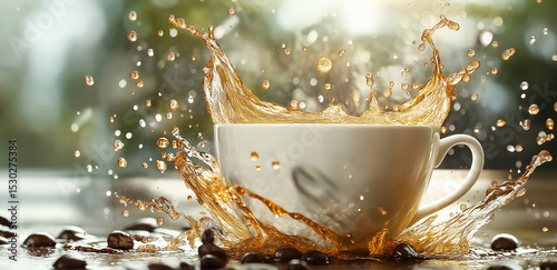 Coffee splashes from a white cup, paired with coffee beans, showing a dynamic and vibrant coffee scene