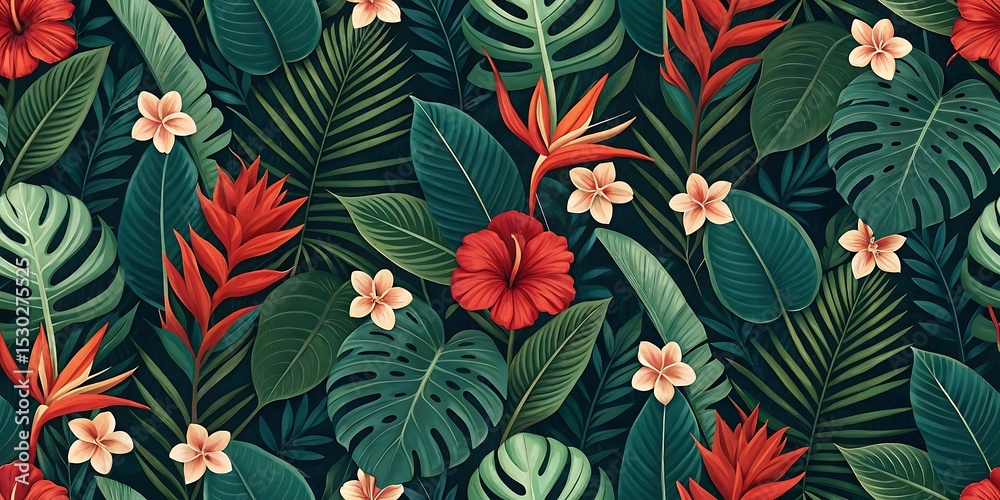 Tropical Jungle Floral Pattern on Cream Background Tropical Jungle Floral Pattern on Cream Background