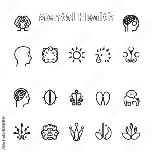 Mental health icon set  symbols representing therapy, neurodiversity, emotional intelligence, mindfulness, and CBT.  Timeless and elegant design, gentle organic style, geometric shapes, clean lines