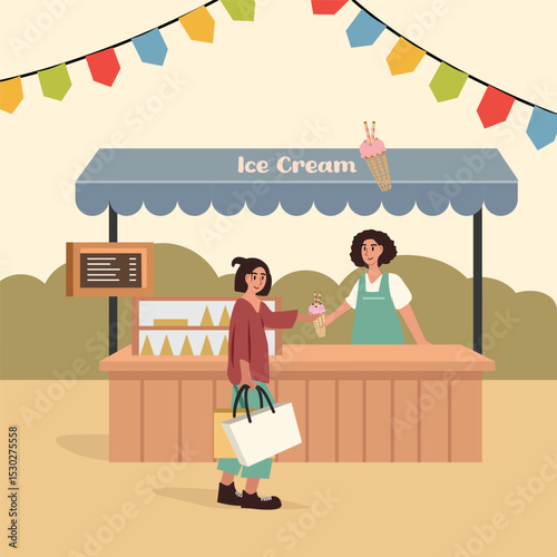 People buy ice cone. Ice cream stall. Summer food festival. Ice cream stand. Street food.