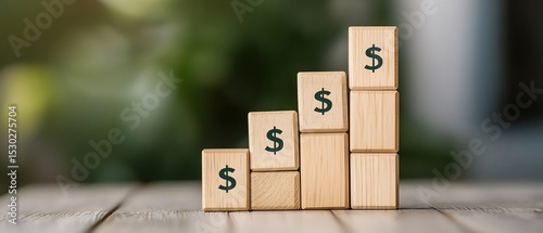 Business growth process showing wooden blocks aligned in an upward graphlike structure with symbols of profit and scalability