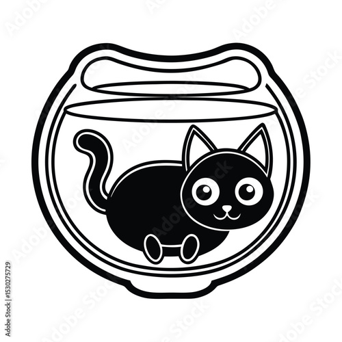 Black outline cat inside a fishbowl vector illustration