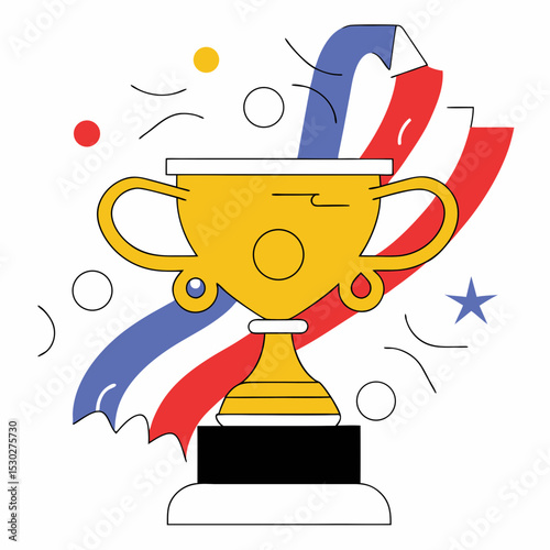 Illustration of a golden trophy with ribbons and confetti