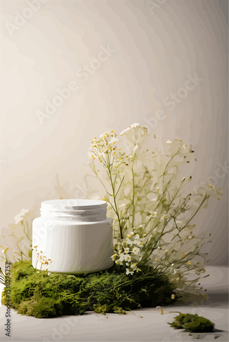 A picture product photography picture of a white jar on moss and flowers, with a light cream gradient background.