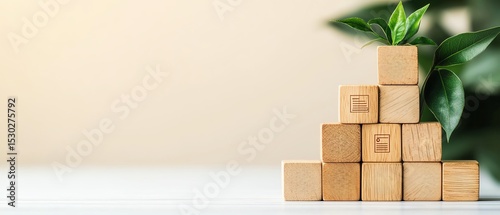 Business growth process showing wooden blocks aligned in an upward graphlike structure with symbols of profit and scalability