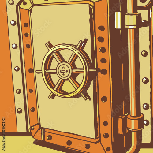 Illustration of a closed bank vault door with wheel lock