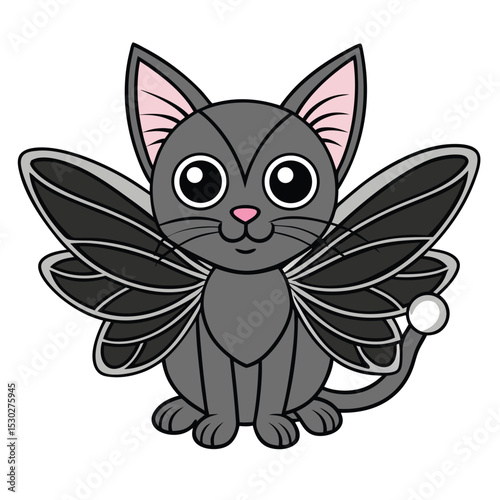 Black outline kitten with fairy wings illustration