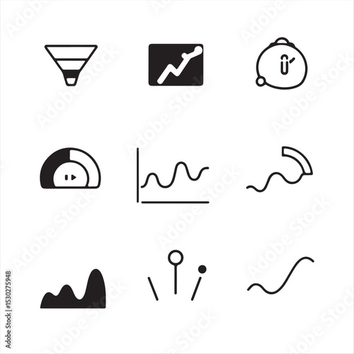 Render a set of simple, flat design icons in black and white for a business analytics dashboard.  Icons should include funnel drop-off, AB test, heatmap, cohort analysis, bounce rate.  