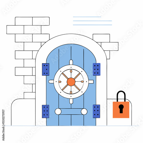 Vault door with combination lock and brick wall illustration