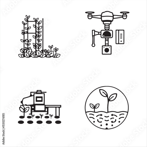 4 icons showcasing modern agricultural technologies vertical farming, drone surveillance, precision sensors, automated harvesting, smart irrigation, and soil analysis.  Utilize a bold, simple