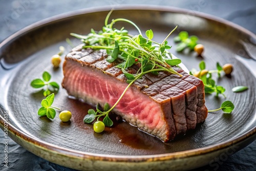 A plate of meat with a garnish of peas and herbs