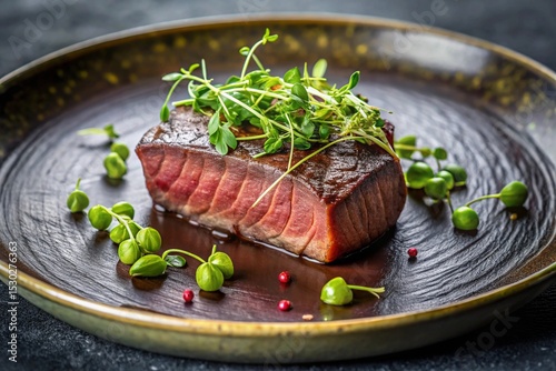 A plate of meat with a garnish of peas and herbs