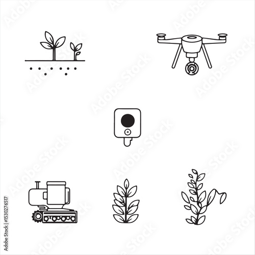 Six monochrome icons in a modern flat style depict modern agricultural technology vertical farming, crop monitoring drones, precision sensors, automated harvesters, smart irrigation, and soil analysis