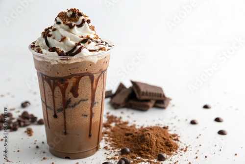 A cup of coffee with whipped cream and chocolate chips on top