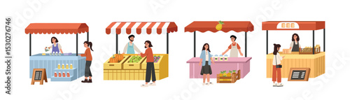 Set of stand food. Farmer market stall collection. Bread stall. Fruit stand. Juice drink stand. Stall set illustration. Bazaar.