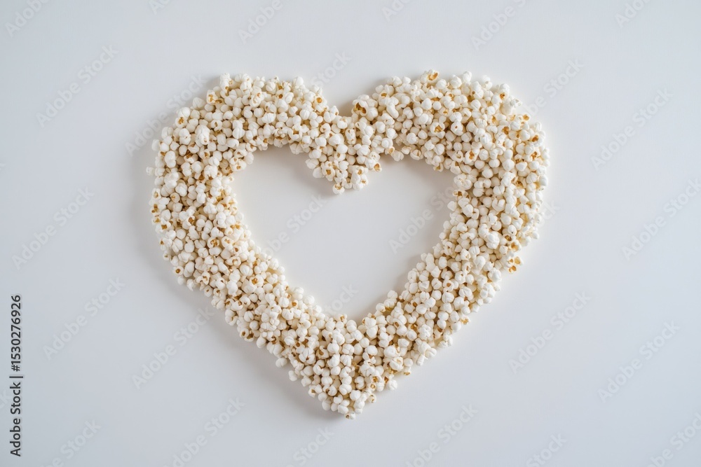 Heart-shaped popcorn arrangement studio food art minimalist background close-up love concept for celebrations Heart-shaped popcorn arrangement studio food art minimalist background close-up love concept for celebrations