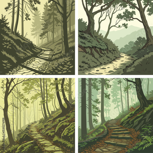 A mountain trail leading through a dense forest. 