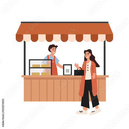 Bread stall. Bread stand. Bakery shop. Cake product. People buy bread. Food festival. Street food.