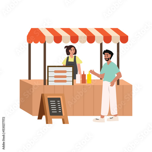 People buy sausage. Sausage stall. Street food. Food stand. Menu board.