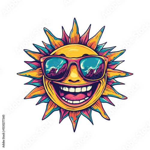 Happy Sun Character Wearing Sunglasses City Reflection Vibrant Colors