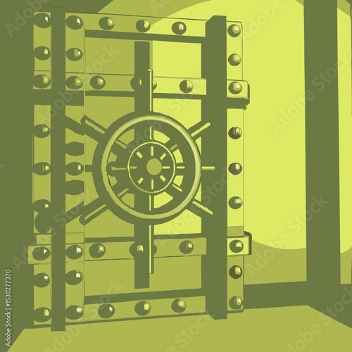 Illustration of a large bank vault door in a green room