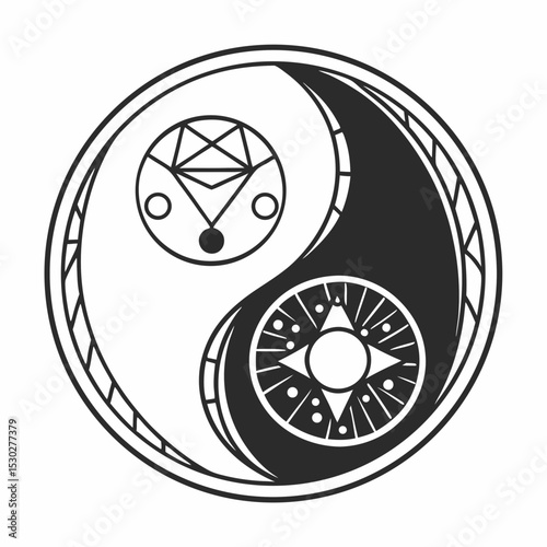 Yin yang symbol with geometric shapes in black and white