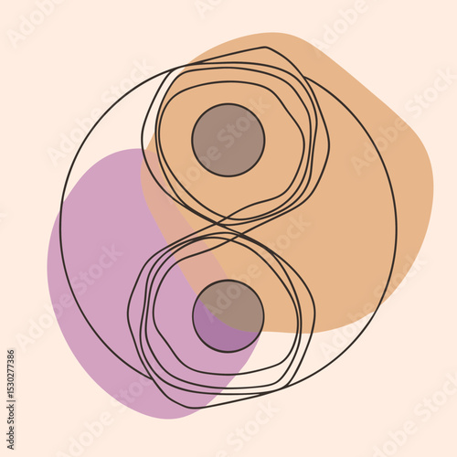 Abstract yin yang symbol with circles and wavy lines art