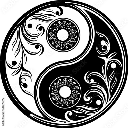 Yin yang symbol with floral elements in black and white