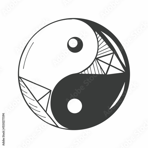 Yin yang symbol with geometric and line art decorations
