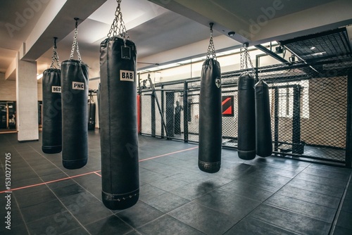 A boxing gym with many black bags hanging from the ceiling