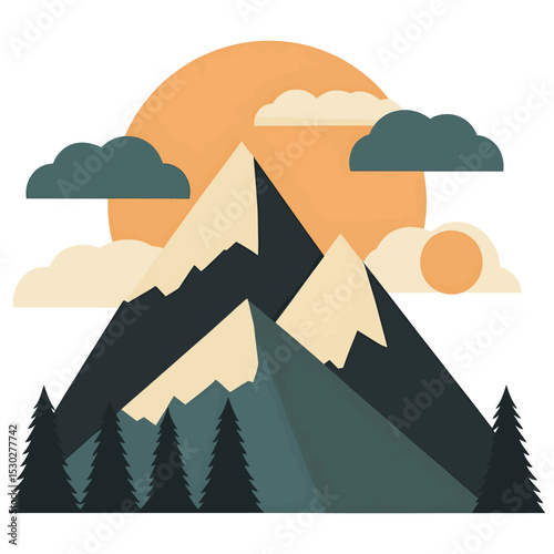 Mountain Landscape Sunset Scene Beige Cream Dark Green Trees