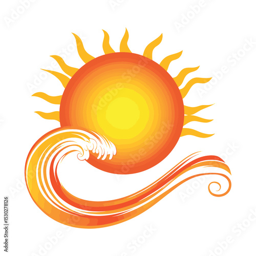 Orange Sun with Yellow Rays and Abstract Wave vector