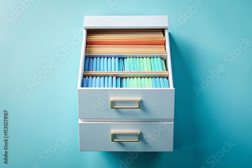 A white filing cabinet with two drawers and blue and yellow folders