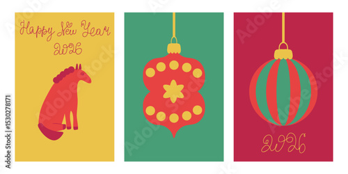 Happy 2026 New Year of Horse greeting cards set. Hand drawn vector illustration for posters, party invitation, banner, social media, marketing.