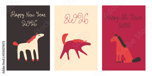 New Year 2026 posters collection with Horse animals. Hand drawn vector illustration for greeting cards, party invitation, banner, social media, marketing.