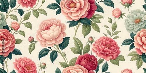 Beautiful floral pattern with roses and peonies on a cream background.