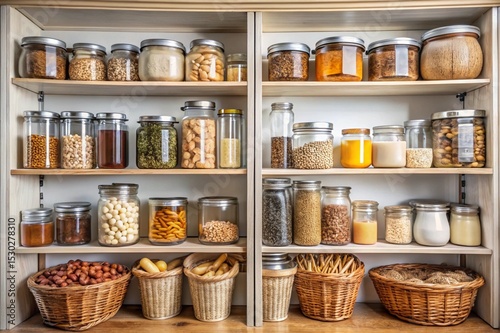A pantry with many jars of food, including some in baskets