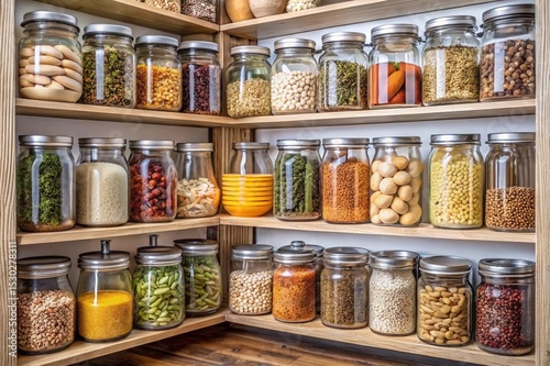 A pantry with many jars of food, including some in baskets