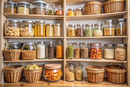 A pantry with many jars of food, including some in baskets