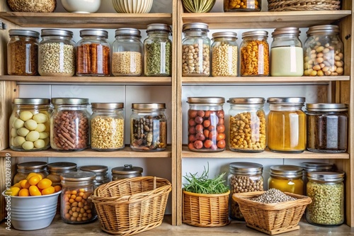 A pantry with many jars of food, including some in baskets