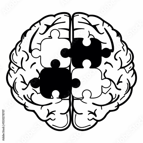 Brain illustration with puzzle pieces in black and white