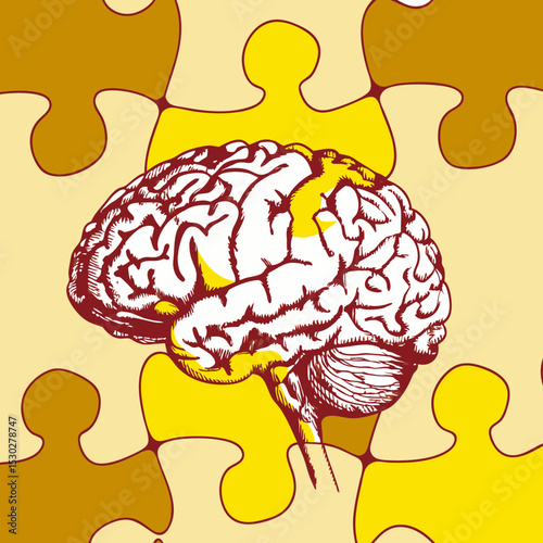 Illustration of a brain with puzzle pieces background