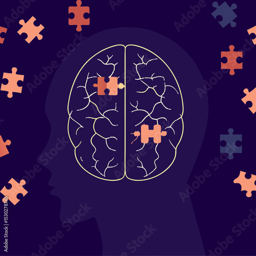 Silhouette of head with brain and puzzle pieces scattered