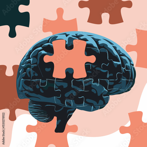 Illustration of a brain with a puzzle piece in the center