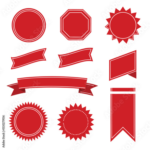 Red ribbons and badge shapes design elements