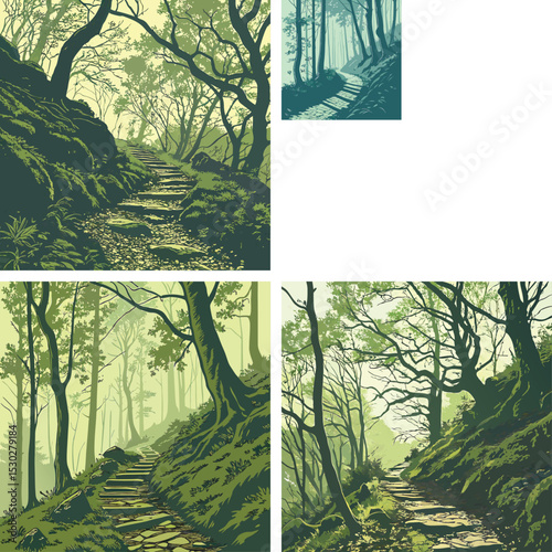 A mountain trail leading through a dense forest. 