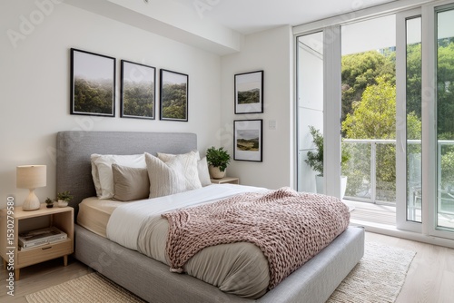 Bedroom with gray bed frame, knitted throw, and landscape prints on the wall decor