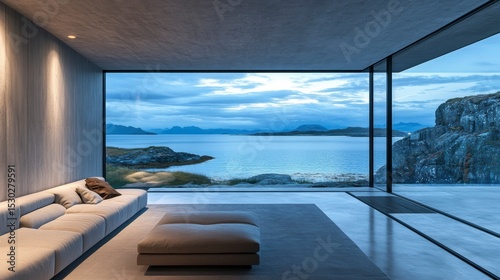 Modern minimalist living room with expansive glass wall overlooking stunning coastal scenery at dusk.